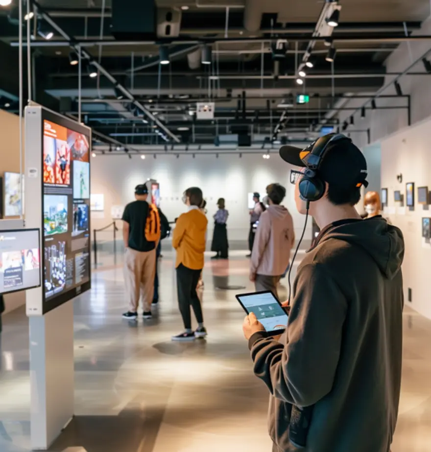 Visiteur engagé dans une expérience muséale interactive grâce à un audioguide et une application mobile, dans un espace d'exposition moderne