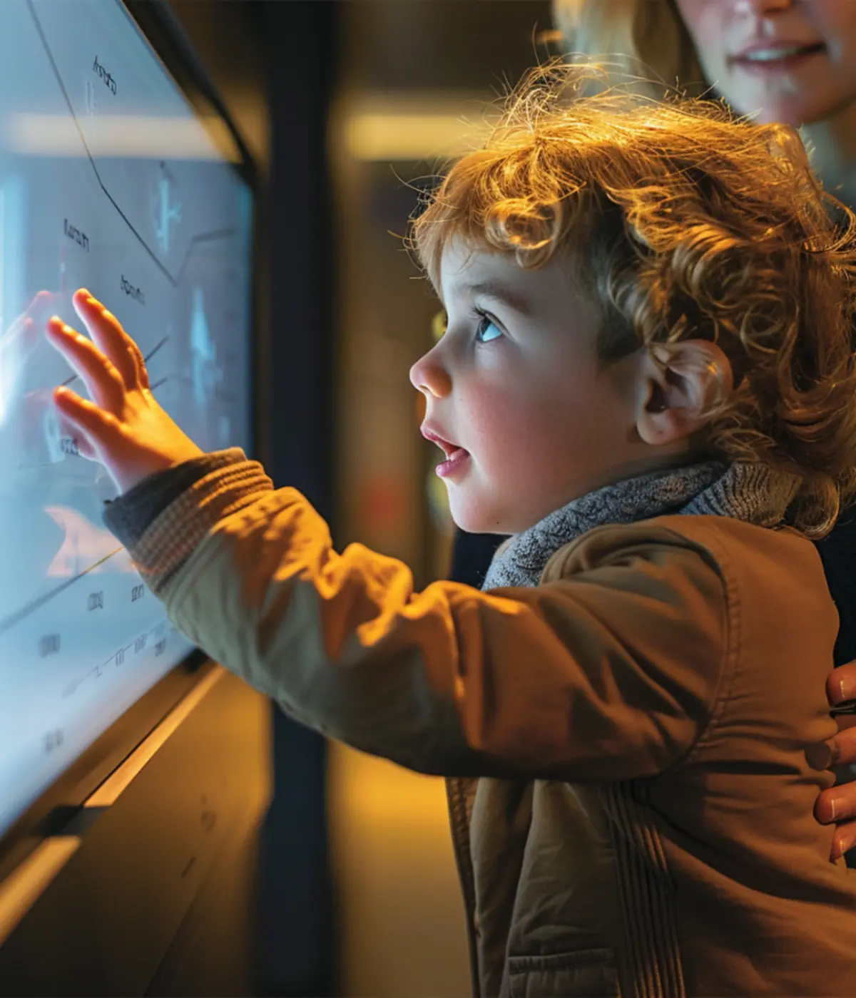 Enfant interagissant avec une borne tactile lors d'un atelier éducatif dans un musée, illustrant l'immersion et l'apprentissage interactif.